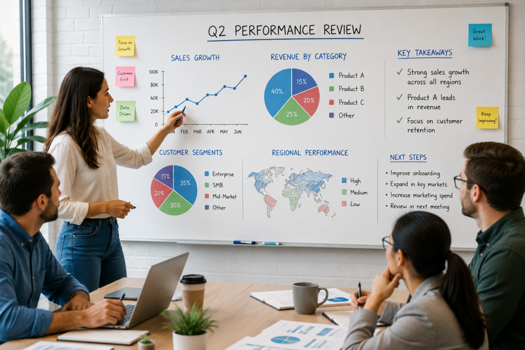 Team reviewing a Q2 performance whiteboard with sales growth, revenue by category, and customer segment data during a business meeting
